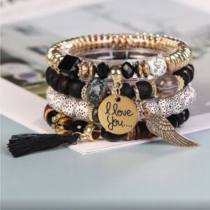 ✨NEW Boho I Love You Gold and Black Beaded layered Bracelet Set